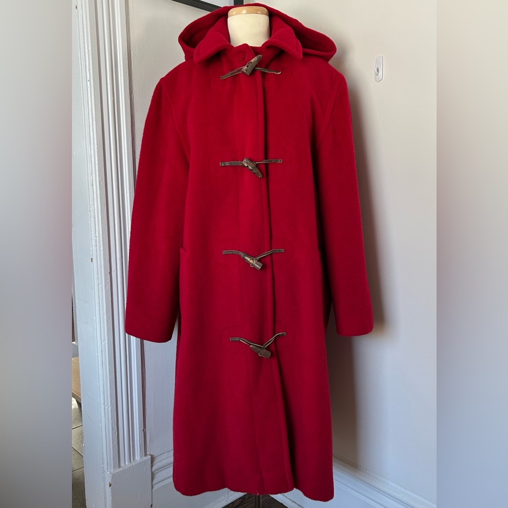 Vintage Red Wool Perry Ellis Coat with Leather Strap Toggles
